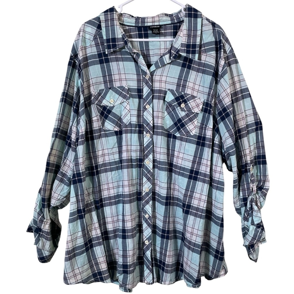 torrid Plaid Camp Shirt Plaid Alike Blue Button Front Button Sleeves Plus Size 5 - Picture 2 of 14
